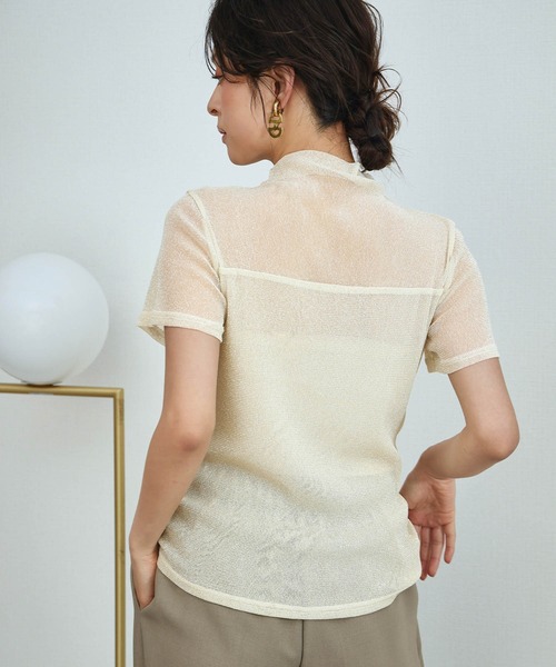 LOWO tシャツ 半袖 シアートップス ハイネック 半袖 ラメ シースルー
