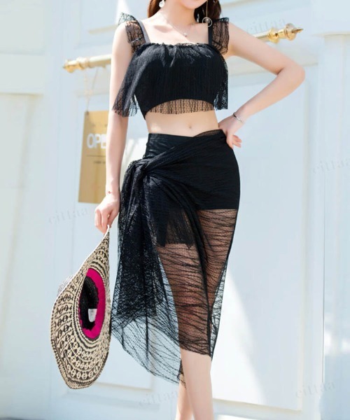 Dalfwin 水着 シアーレースパレオ付きビキニ3点セット水着