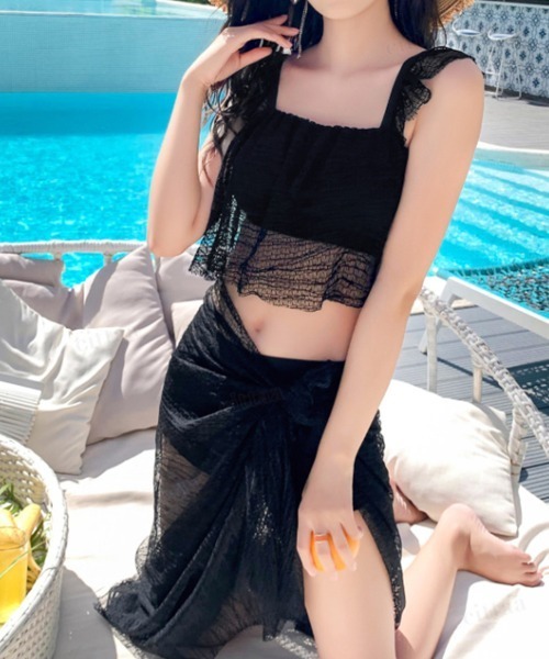 パレオ付き 水着 Dalfwin 水着 シアーレースパレオ付きビキニ3点セット水着