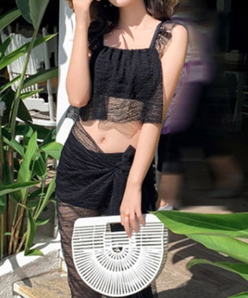 3wayシースルーパレオ Dalfwin 水着 シアーレースパレオ付きビキニ3点セット水着