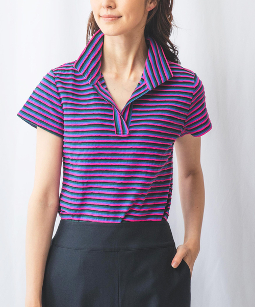 tシャツ マルチボーダースタンドカラーカットソー レディース