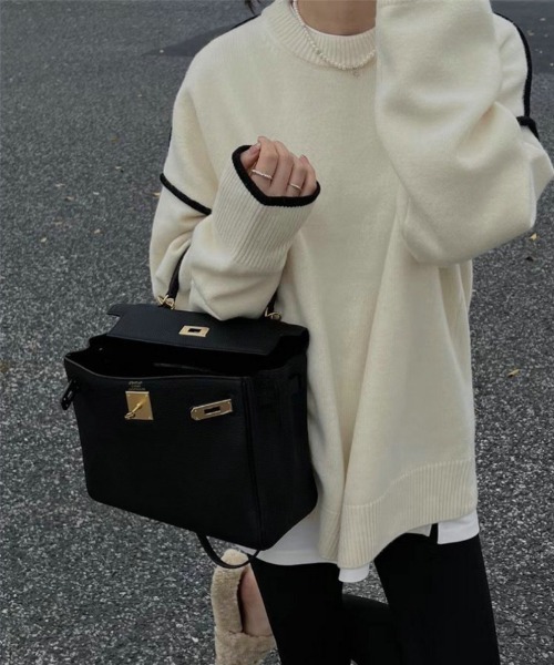 ニット セーター パイピング クルーネックニット レディース