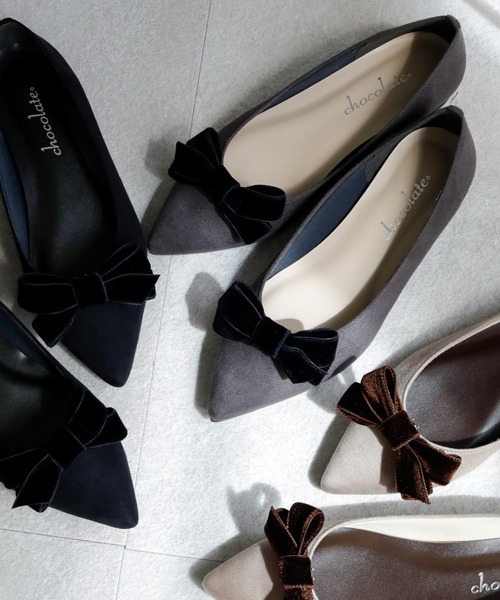 パンプス 晴雨兼用 ベルベットリボン ポインテッドトゥ パンプス「日本