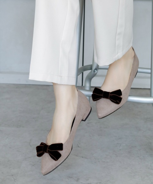 パンプス 晴雨兼用 ベルベットリボン ポインテッドトゥ パンプス「日本