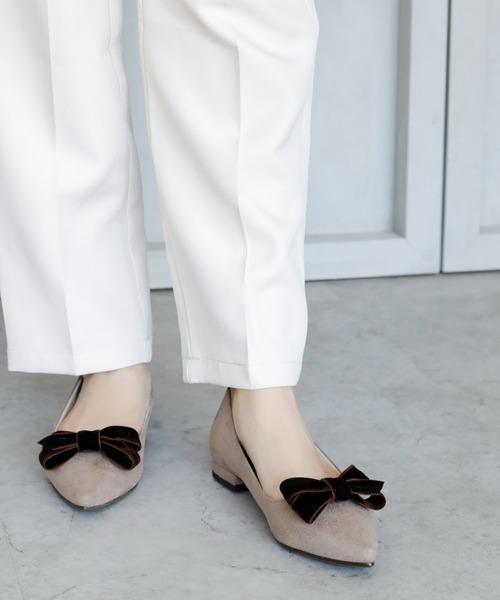 パンプス 晴雨兼用 ベルベットリボン ポインテッドトゥ パンプス「日本