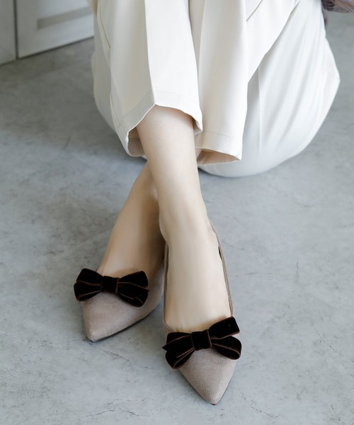 パンプス 晴雨兼用 ベルベットリボン ポインテッドトゥ パンプス「日本