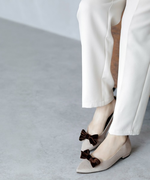 パンプス 晴雨兼用 ベルベットリボン ポインテッドトゥ パンプス「日本