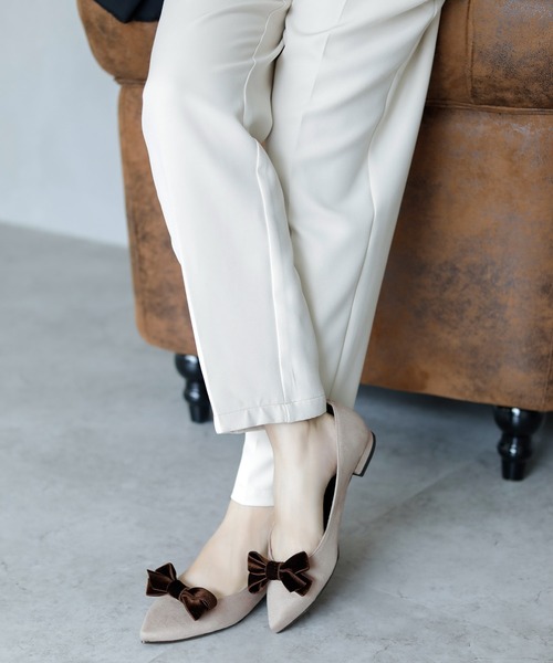 パンプス 晴雨兼用 ベルベットリボン ポインテッドトゥ パンプス「日本