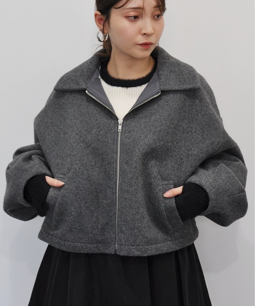 ブルゾン ショート丈 ゆったり ジップアップ シンプル 8705 ブルゾン アウター ボリューム袖ショート丈ジップブルゾン