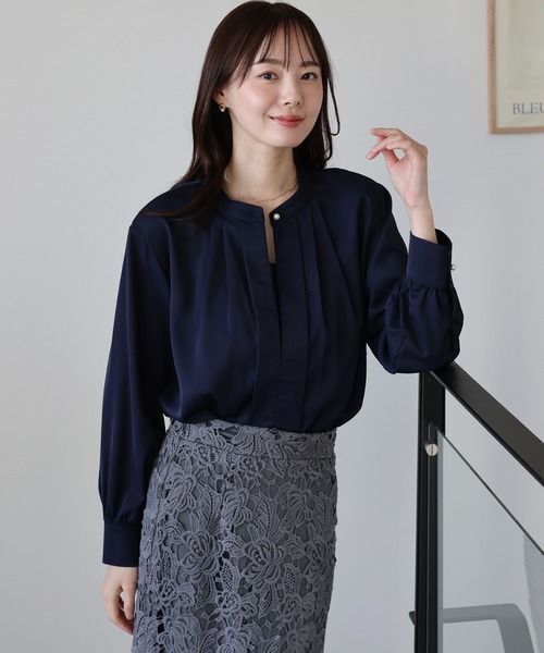 昭和レトロ ブルーグレー総柄リゾート長袖ブラウス Lサイズ相当 ゴールドボタン セール】 【NARACAMICIE】ステンドグラス柄ボウタイ長袖ブラウス