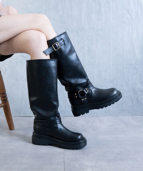 ブーツ ローヒールエンジニアロングブーツ レディース : ZOZOTOWN