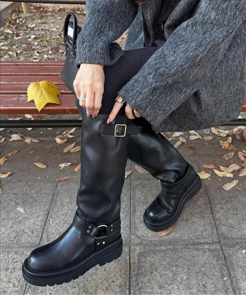 RalphLauren Collection ロングブーツ ブラック エンジニア ブーツ ローヒールエンジニアロングブーツ レディース : ZOZOTOWN