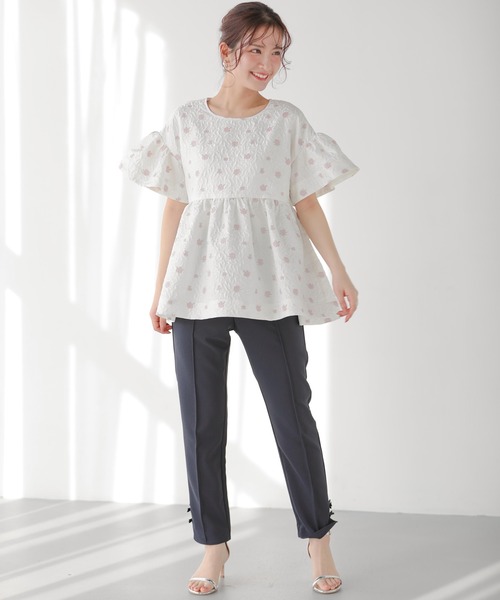 Fit more（フィットモア） tシャツ フレアスリーブフラワージャガード