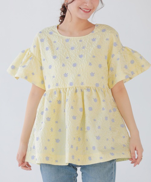 Fit more（フィットモア） tシャツ フレアスリーブフラワージャガード