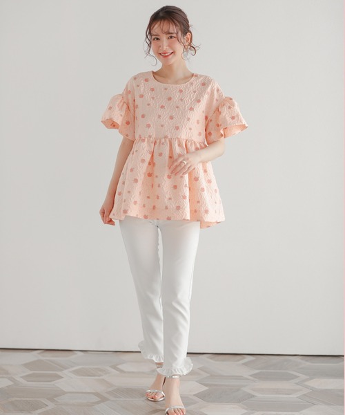 Fit more（フィットモア） tシャツ フレアスリーブフラワージャガード