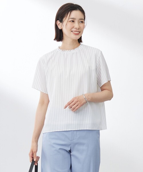 tシャツ 「洗える」シアーストライプ＆チェック ブラウスライク カットソー レディース