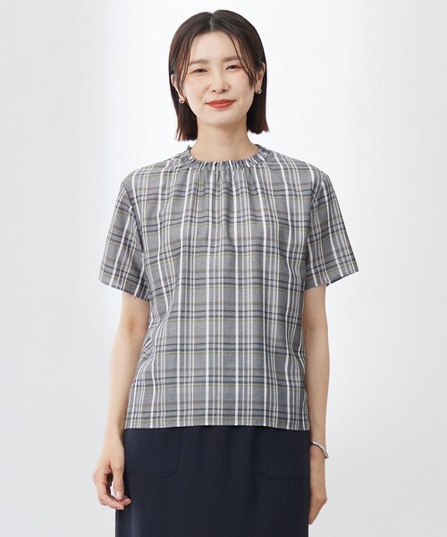 tシャツ 「洗える」シアーストライプ＆チェック ブラウスライク カットソー レディース tシャツ 「洗える」シアーストライプ＆チェック ブラウスライク