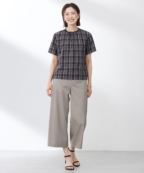 tシャツ 「洗える」シアーストライプ＆チェック ブラウスライク カットソー レディース tシャツ 「洗える」シアーストライプ＆チェック ブラウスライク