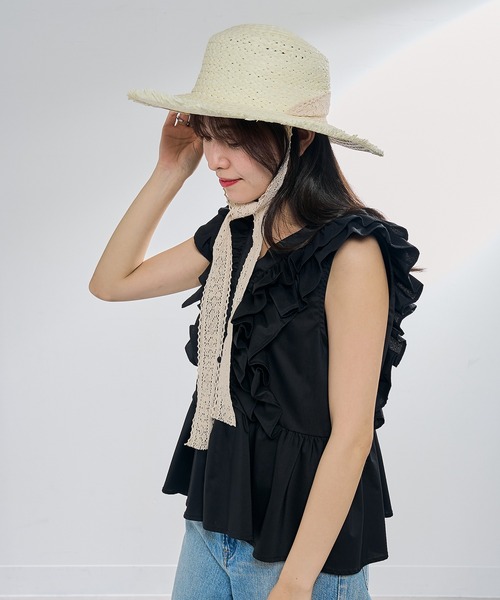 フリル付き麦わら帽子 黒とベージュ MAISON BREEZE（メゾンブリーズ） 麦わら帽子 帽子 ハット レディース