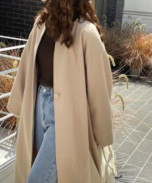 「emi+」 ノーカラーコート M ベージュ レディース_画像2