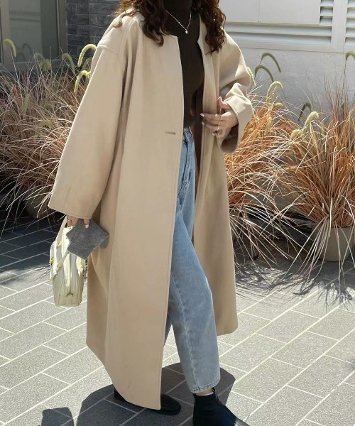 「emi+」 ノーカラーコート M ベージュ レディース_画像4