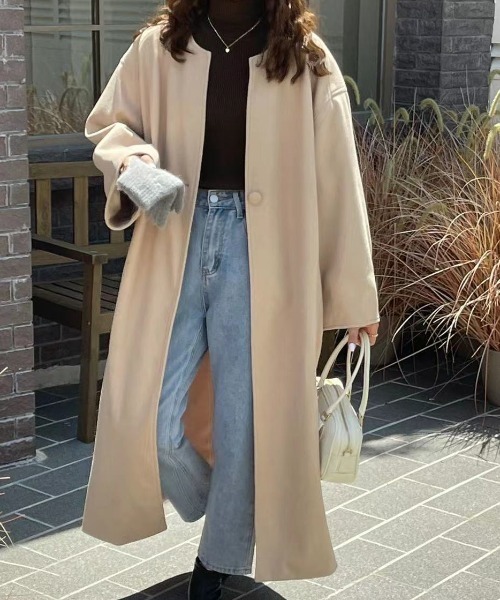 「emi+」 ノーカラーコート M ベージュ レディース_画像6