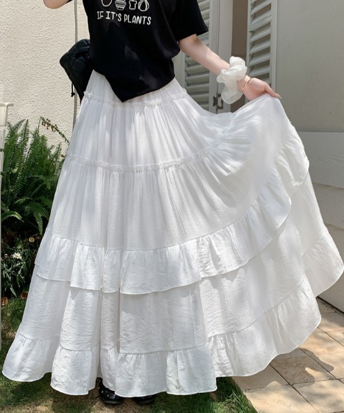 ソブ　フリル付きホワイトロングスカート FAVORITO スカート フリルハイウエストロングスカート