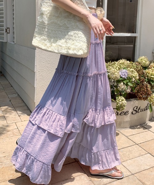 Sheglit Flowing ロングフリルスカート バイオレット FAVORITO ロング スカート フリルハイウエストロングスカート