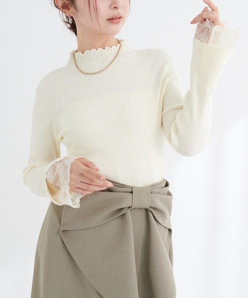 natural couture ニット セーター 袖口レースもちもちリブタートル
