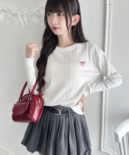 Loueme ニット セーター リボン刺繍ケーブルニットトップス レディース