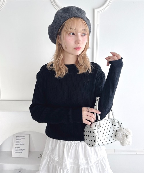 Loueme ニット セーター リボン刺繍ケーブルニットトップス レディース
