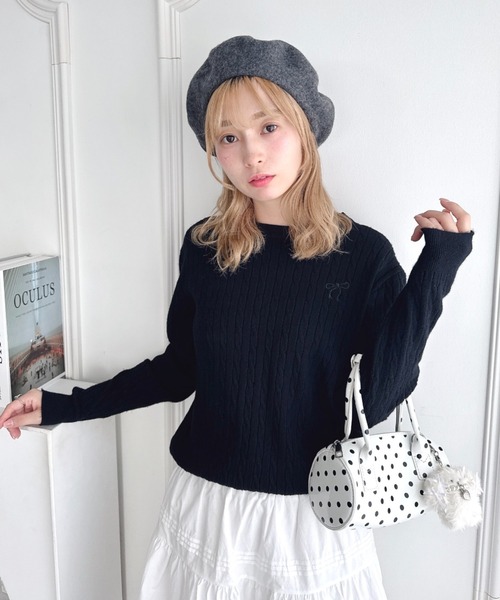 Loueme ニット セーター リボン刺繍ケーブルニットトップス レディース