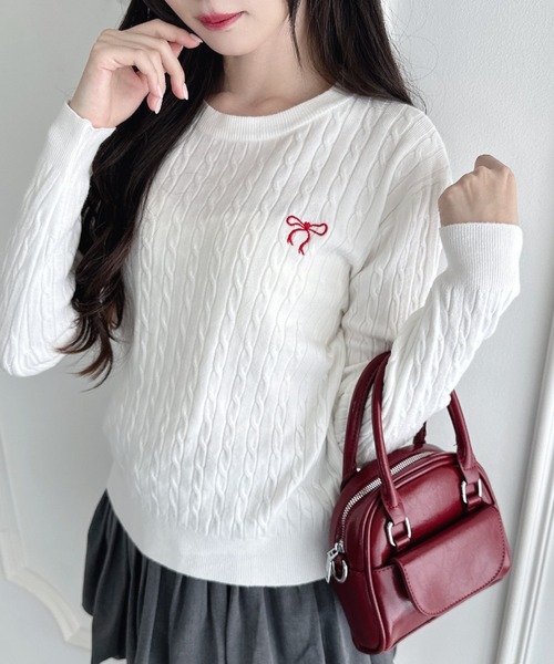 ELLLE 完売　　ミックスリボンニット【WHITE】 Loueme ニット セーター リボン刺繍ケーブルニットトップス レディース