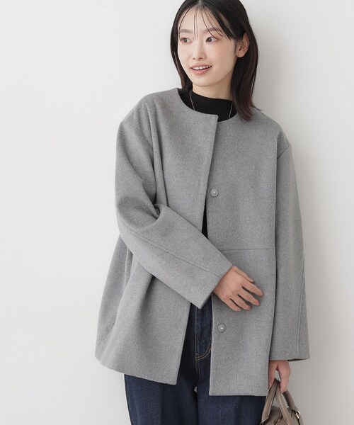Dessin（デッサン） ノーカラーコート コート ウール混クルーネック