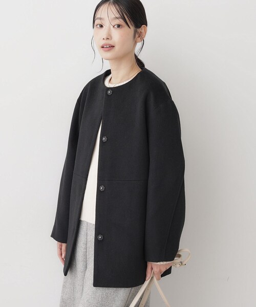 Dessin（デッサン） ノーカラーコート コート ウール混クルーネック