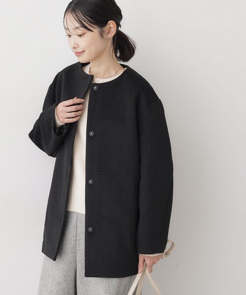 Dessin（デッサン） ノーカラーコート コート ウール混クルーネック