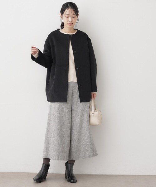 Dessin（デッサン） ノーカラーコート コート ウール混クルーネック