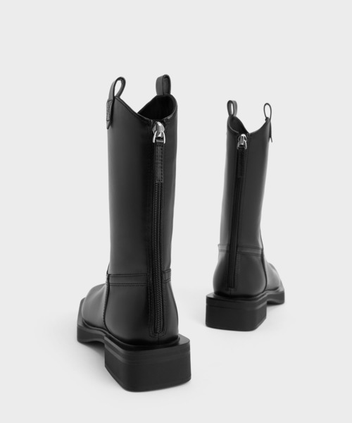 CHARLES&KEITH 黒　スクエアブーツ CHARLES ＆ KEITH ブーツ スクエアトゥ ステッチトリムカーフ