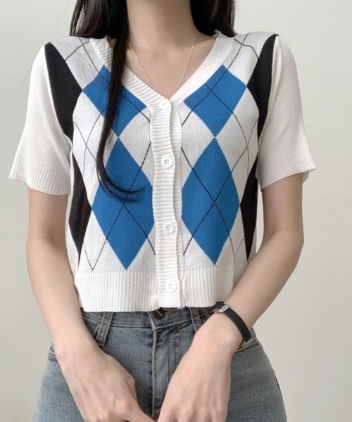 60's Brentwood アーガイル柄 半袖 ニットカーディガン wnv252243yecd0.jpg