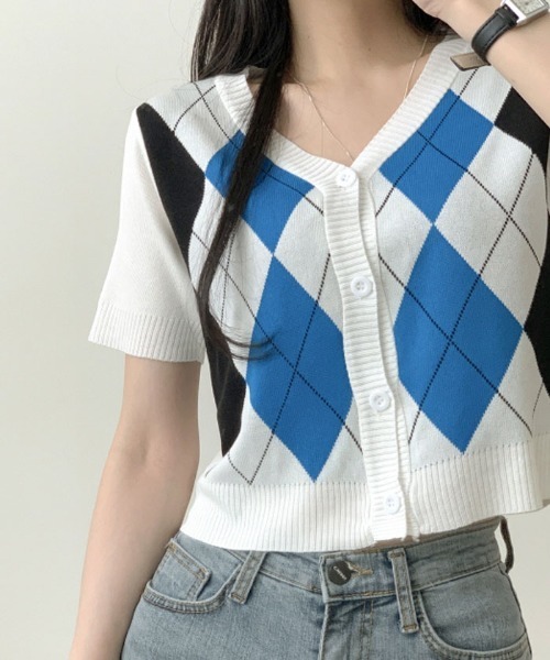60's Brentwood アーガイル柄 半袖 ニットカーディガン wnv252243yecd0.jpg