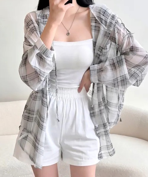 ブラウス シャツ シアーチェックフードシャツ レディース AZUL BY MOUSSY | シアーチェックフードシャツ (シャツ