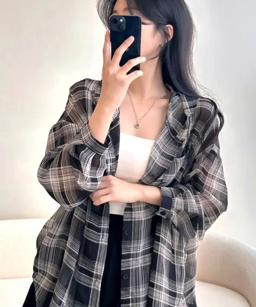 ブラウス シャツ シアーチェックフードシャツ レディース AZUL BY MOUSSY | シアーチェックフードシャツ (シャツ