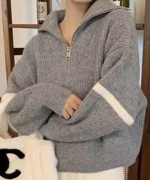 AsheKsha ニット セーター ハーフジップ 配色ストライブニット