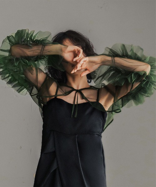 GIRL DRESS FOR NOW カーディガン チュールフリルスリーブショート丈