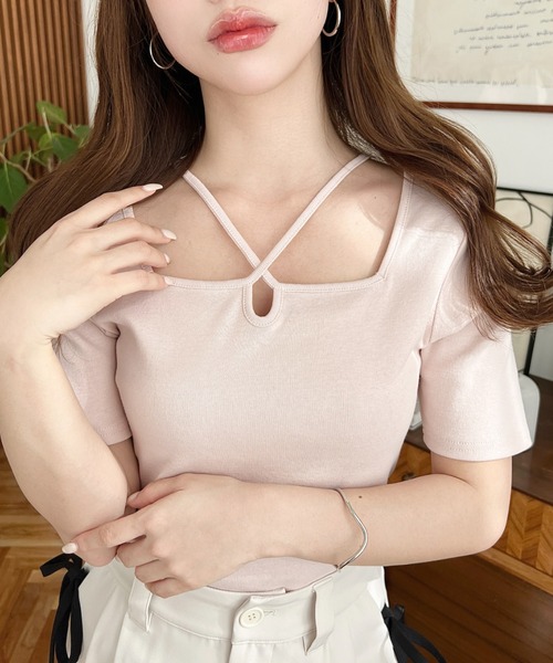 moment+ tシャツ 半袖 クロスホルターネック半袖カットソー レディース