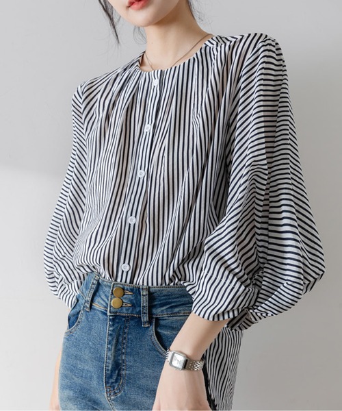 tシャツ ノーカラーストライプパフスリーブシャツ レディース