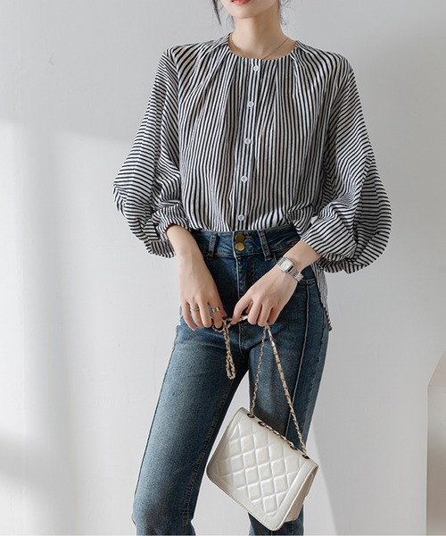 tシャツ ノーカラーストライプパフスリーブシャツ レディース tシャツ ノーカラーストライプパフスリーブシャツ レディース