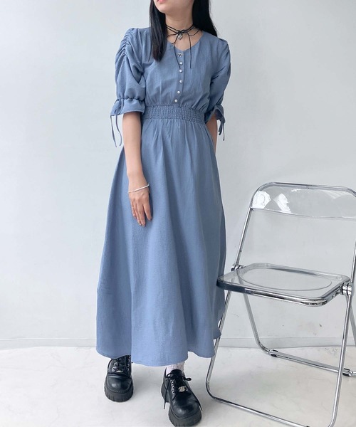 AS KNOW ワンピース ○リボンとキラ釦5分袖ワンピース