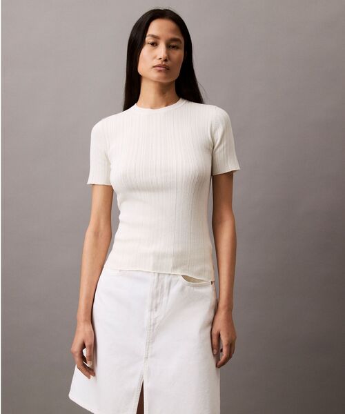 ショートスリーブ セーター ホワイト 新品サイズL Calvin Klein（カルバン・クライン） ニット セーター コットンリブ
