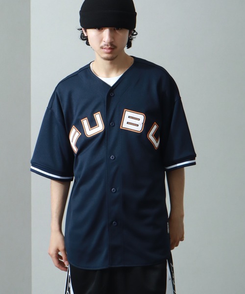 フブ FUBU ベースボールシャツ 半袖 ロゴ刺繍 鹿の子 L 青 ブルー /JS メンズ フブ FUBU ベースボールシャツ 半袖 ロゴ刺繍 鹿の子 L 青